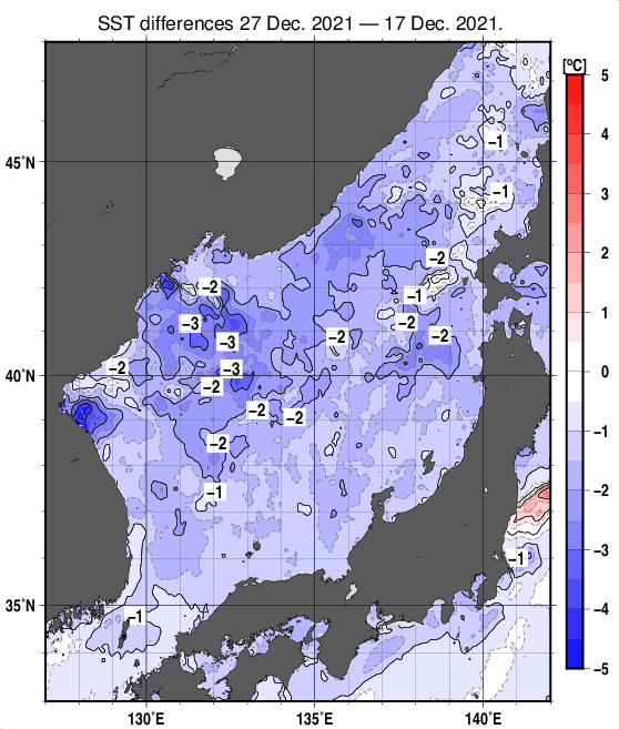 日本海の10日間の海面水温変化量分布図（12月27日）