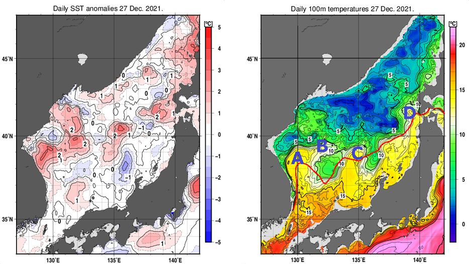 日本海の海面水温平年差分布図および深さ100mの水温分布図（12月27日）