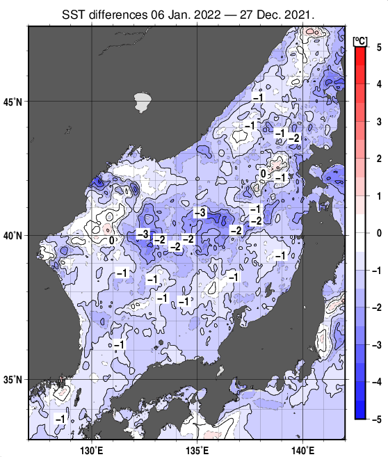 日本海の10日間の海面水温変化量分布図（1月6日）