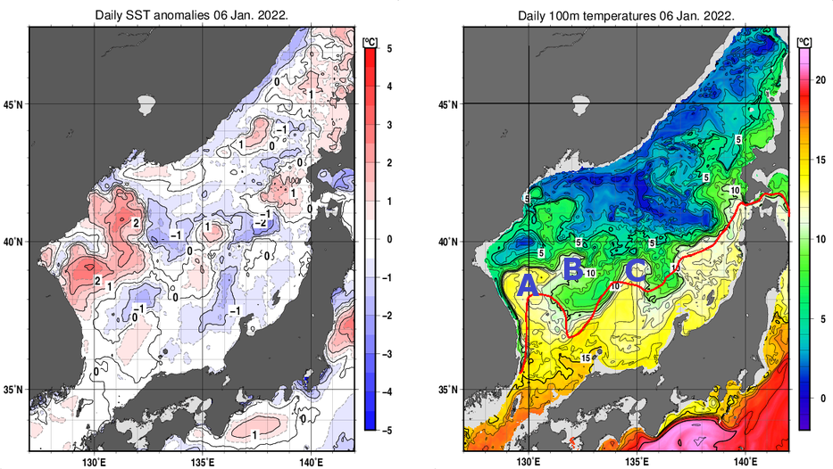 日本海の海面水温平年差分布図および深さ100mの水温分布図（1月6日）