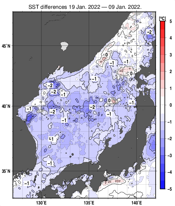 日本海の10日間の海面水温変化量分布図（1月19日）