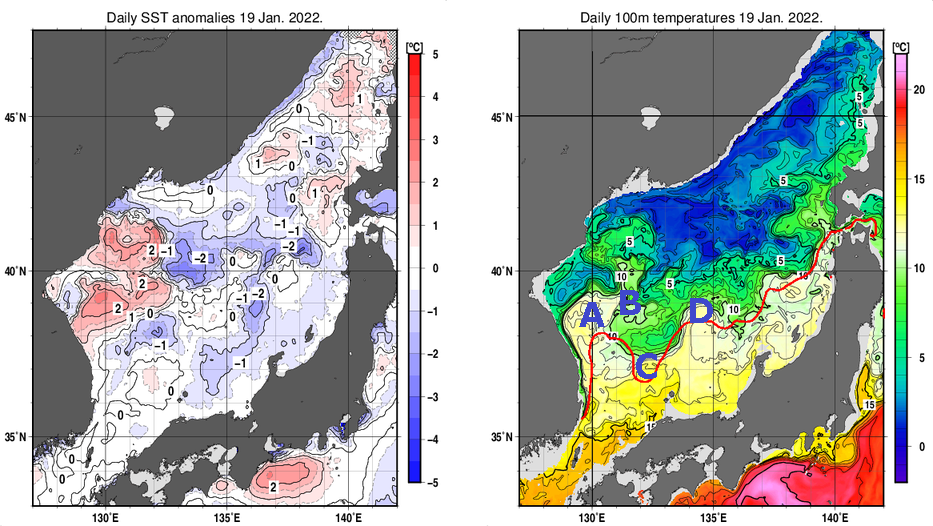 日本海の海面水温平年差分布図および深さ100mの水温分布図（1月19日）