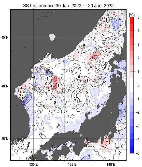 日本海の10日間の海面水温変化量分布図（1月30日）