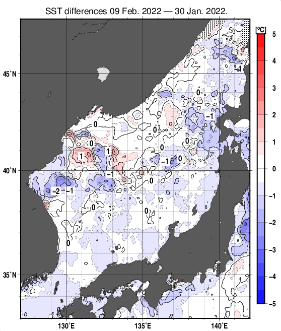 日本海の10日間の海面水温変化量分布図（2月9日）