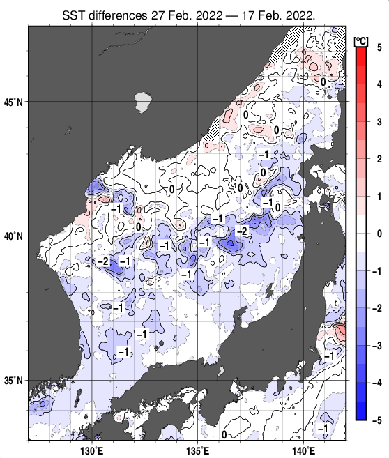 日本海の10日間の海面水温変化量分布図（2月27日）