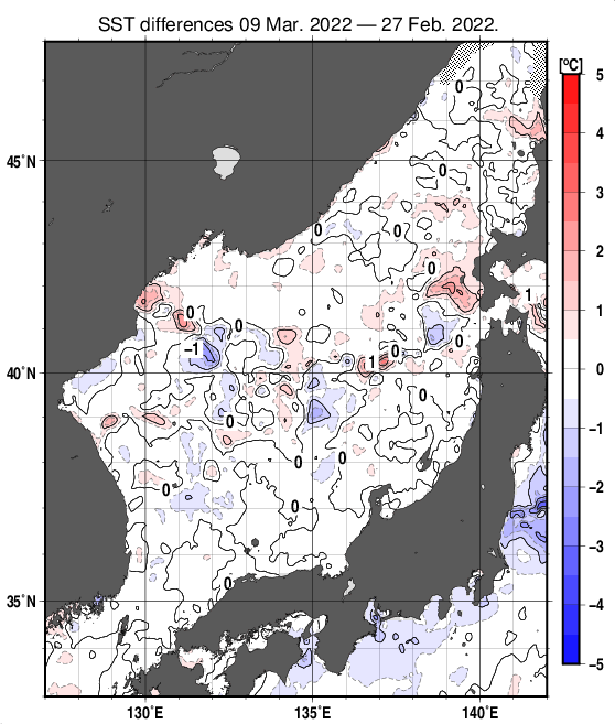 日本海の10日間の海面水温変化量分布図（3月9日）