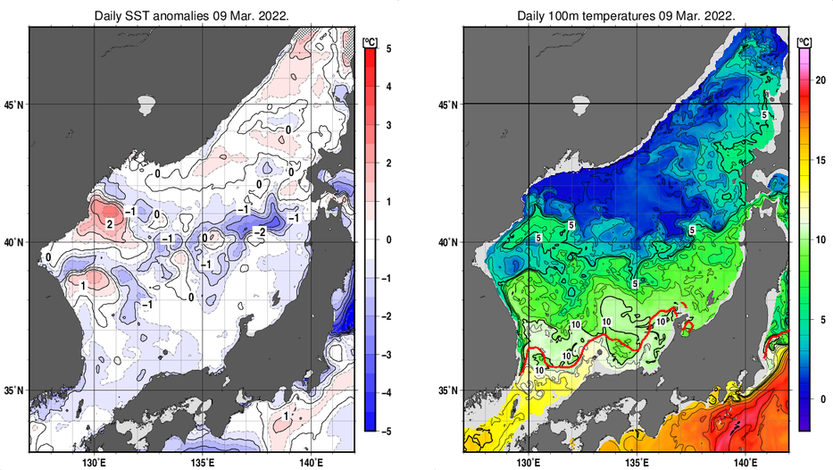 日本海の海面水温平年差分布図および深さ100mの水温分布図（3月9日）