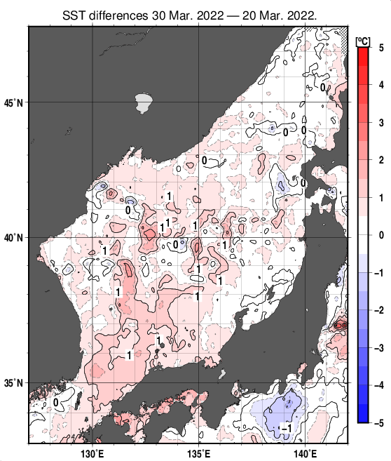 日本海の10日間の海面水温変化量分布図（3月30日）