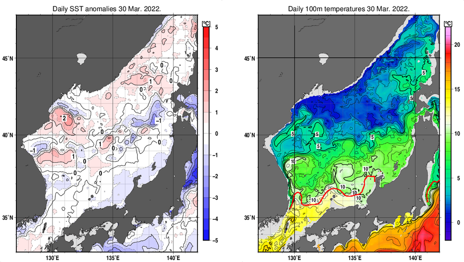 日本海の海面水温平年差分布図および深さ100mの水温分布図（3月30日）