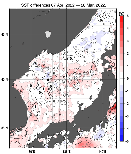 日本海の10日間の海面水温変化量分布図（4月7日）
