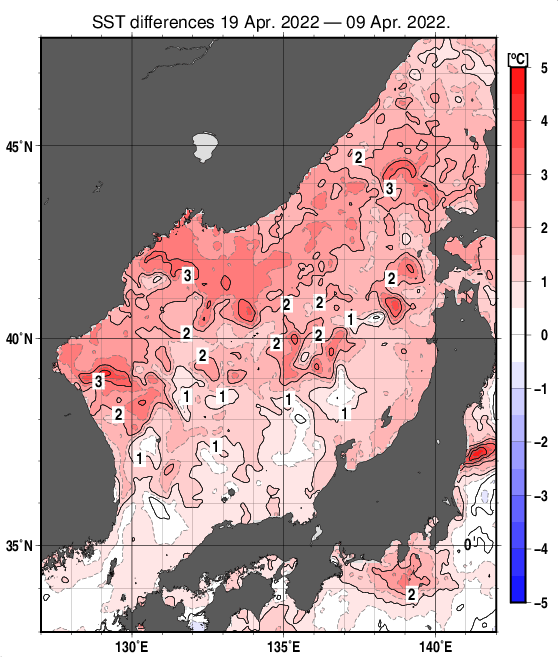 日本海の10日間の海面水温変化量分布図（4月19日）