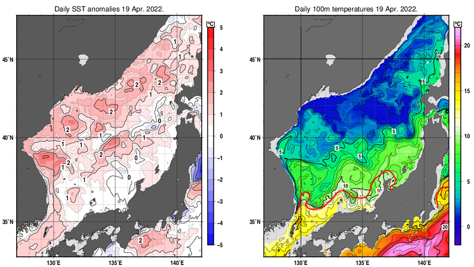 日本海の海面水温平年差分布図および深さ100mの水温分布図（4月19日）