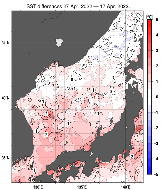 日本海の10日間の海面水温変化量分布図（4月27日）