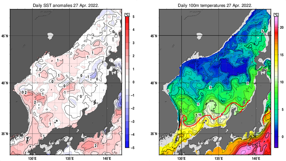日本海の海面水温平年差分布図および深さ100mの水温分布図（4月27日）