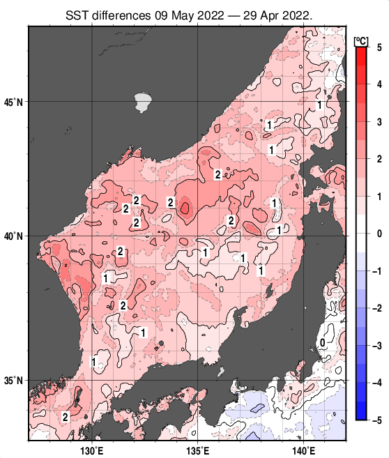 日本海の10日間の海面水温変化量分布図（5月9日）