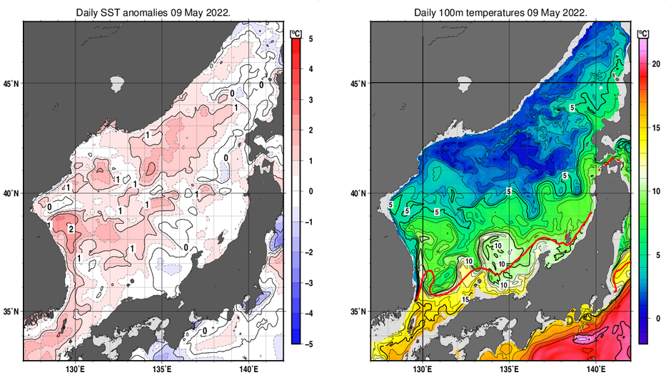 日本海の海面水温平年差分布図および深さ100mの水温分布図（5月9日）