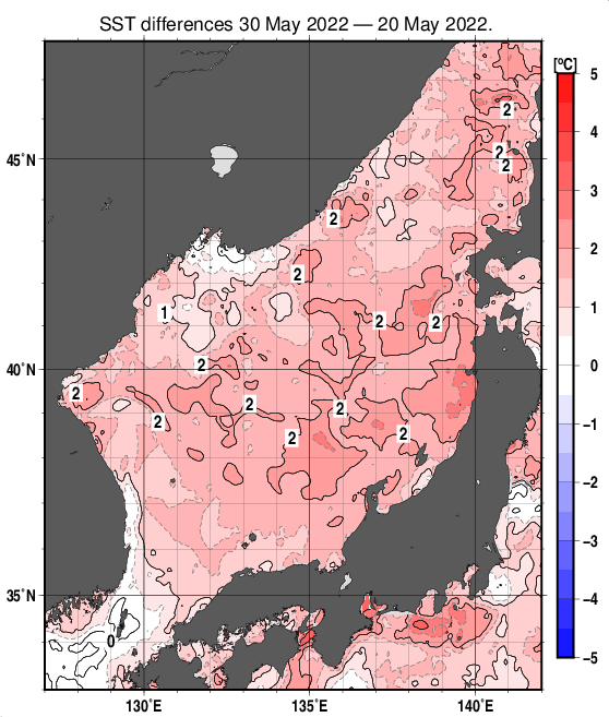 日本海の10日間の海面水温変化量分布図（5月30日）