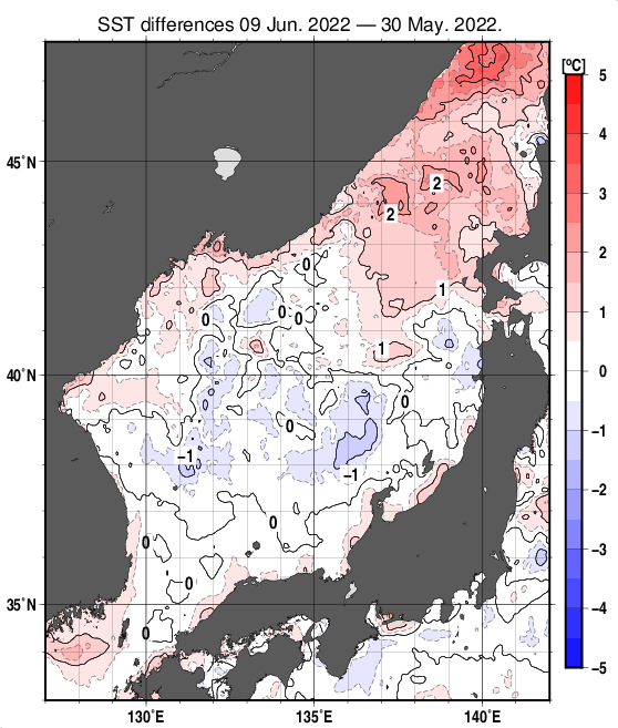 日本海の10日間の海面水温変化量分布図（6月9日）