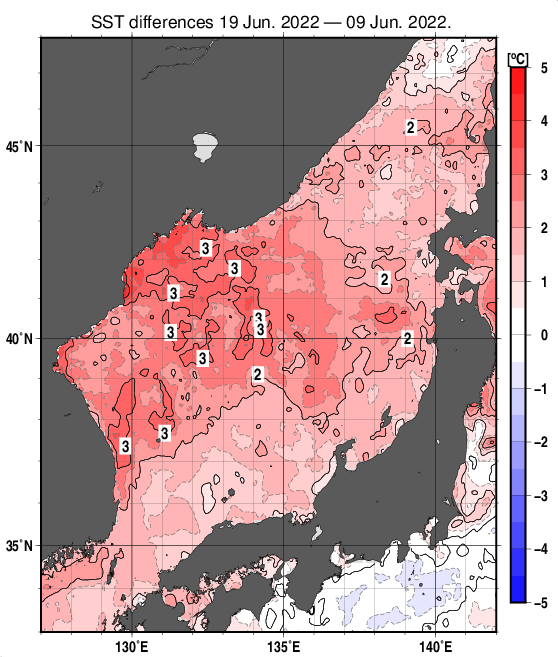 日本海の10日間の海面水温変化量分布図（6月19日）