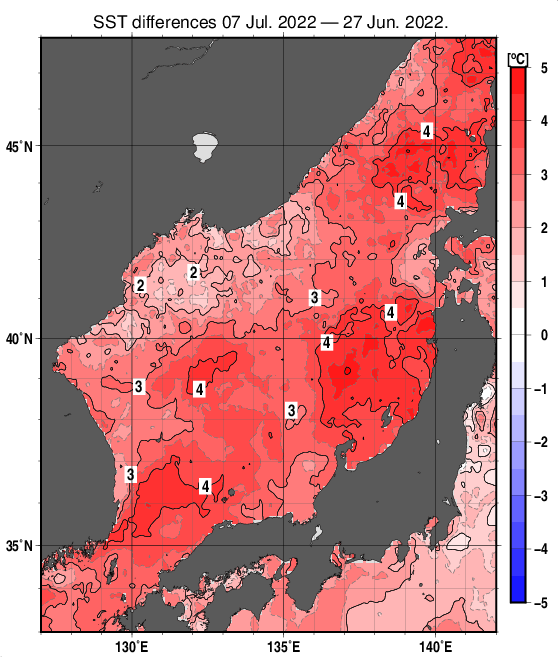 日本海の10日間の海面水温変化量分布図（7月7日）