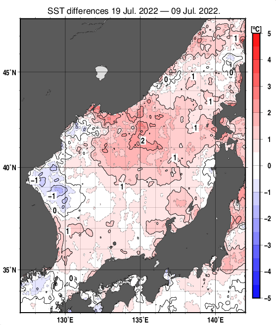 日本海の10日間の海面水温変化量分布図（7月19日）