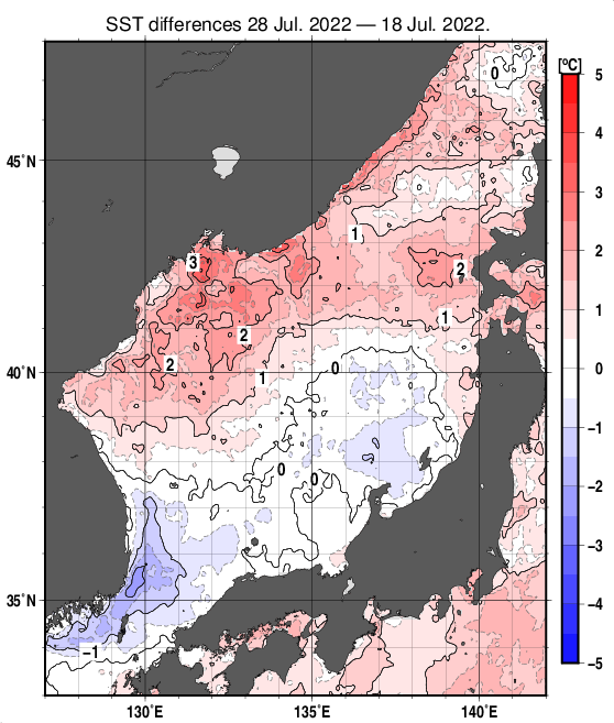 日本海の10日間の海面水温変化量分布図（7月28日）