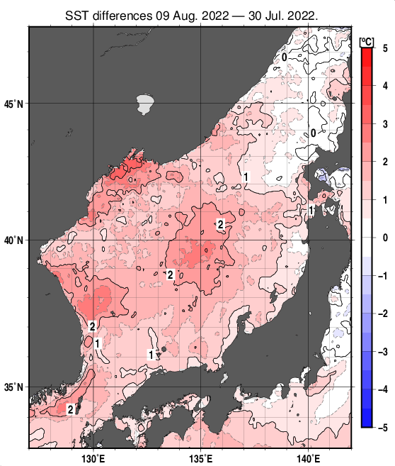 日本海の10日間の海面水温変化量分布図（8月9日）
