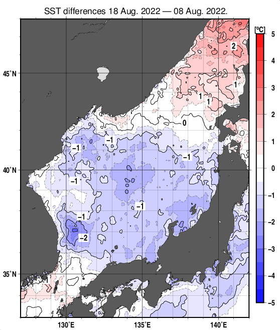 日本海の10日間の海面水温変化量分布図（8月18日）