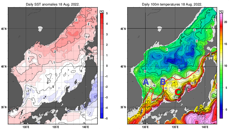 日本海の海面水温平年差分布図および深さ100mの水温分布図（8月18日）