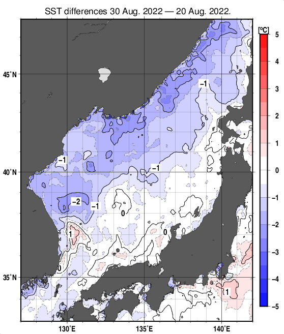 日本海の10日間の海面水温変化量分布図（8月30日）
