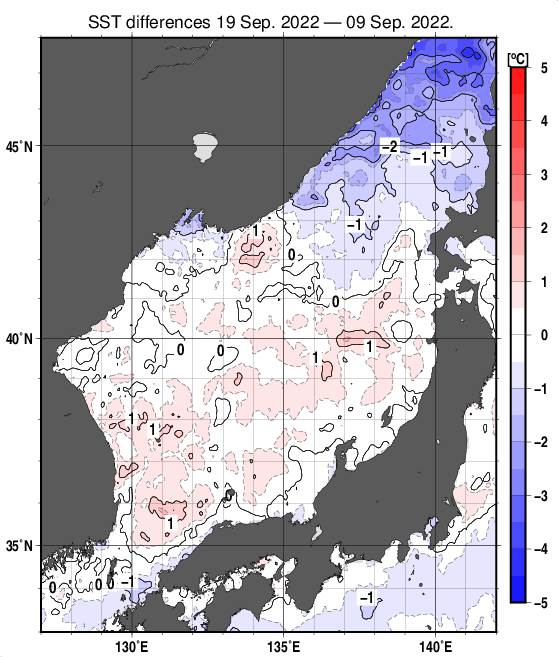 日本海の10日間の海面水温変化量分布図（9月19日）