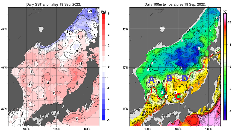 日本海の海面水温平年差分布図および深さ100mの水温分布図（9月19日）