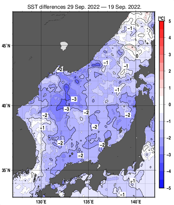 日本海の10日間の海面水温変化量分布図（9月29日）