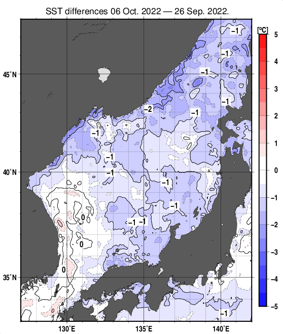 日本海の10日間の海面水温変化量分布図（10月6日）