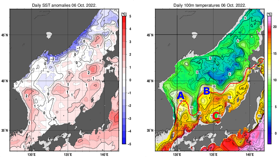 日本海の海面水温平年差分布図および深さ100mの水温分布図（10月6日）