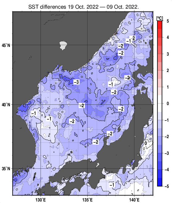 日本海の10日間の海面水温変化量分布図（10月19日）