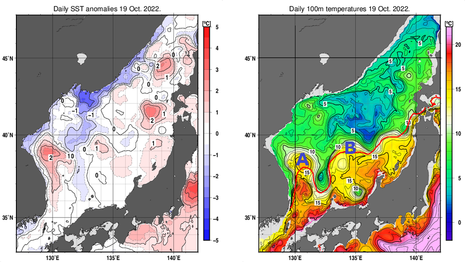 日本海の海面水温平年差分布図および深さ100mの水温分布図（10月19日）