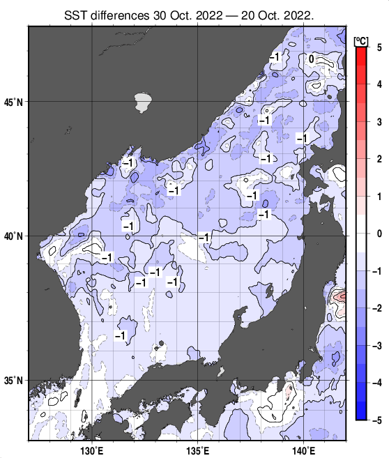 日本海の10日間の海面水温変化量分布図（10月30日）