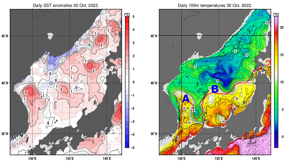 日本海の海面水温平年差分布図および深さ100mの水温分布図（10月30日）