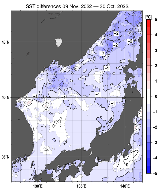 日本海の10日間の海面水温変化量分布図（11月9日）