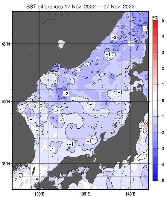 日本海の10日間の海面水温変化量分布図（11月17日）