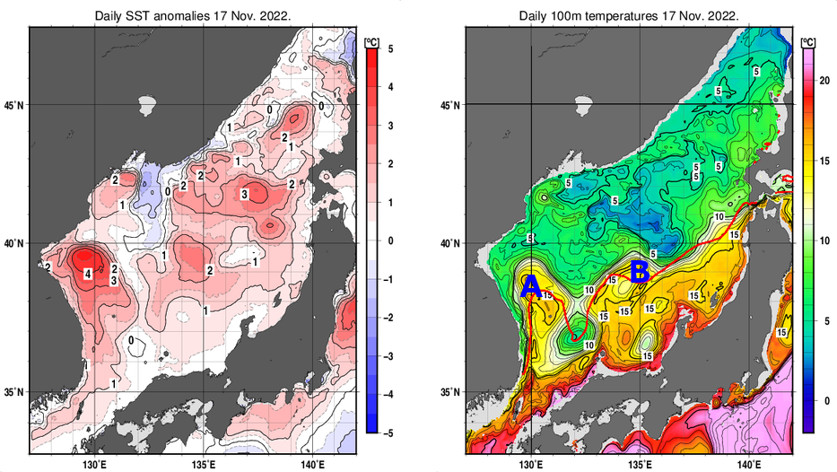日本海の海面水温平年差分布図および深さ100mの水温分布図（11月17日）
