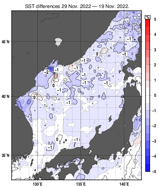 日本海の10日間の海面水温変化量分布図（11月29日）