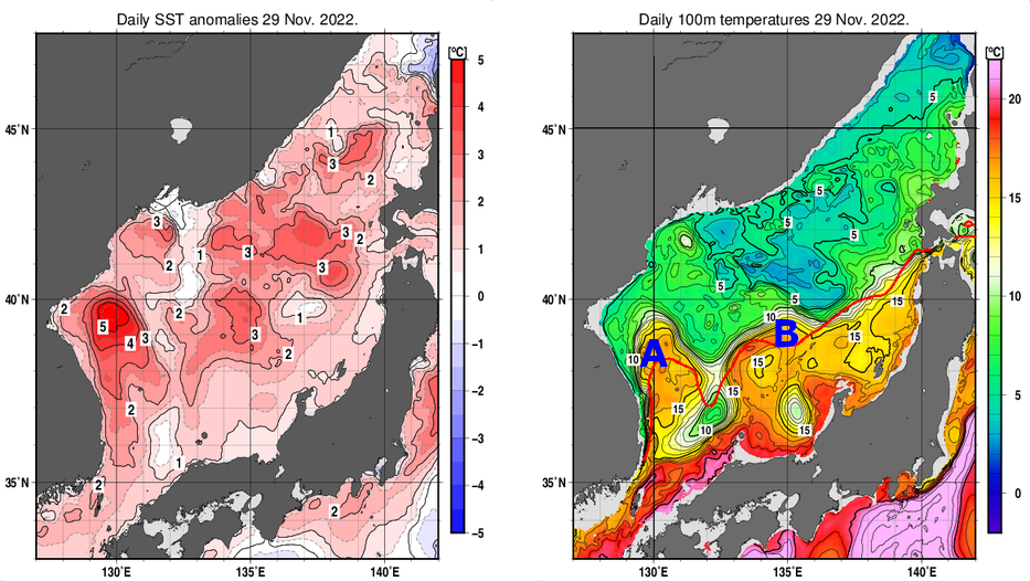 日本海の海面水温平年差分布図および深さ100mの水温分布図（11月29日）