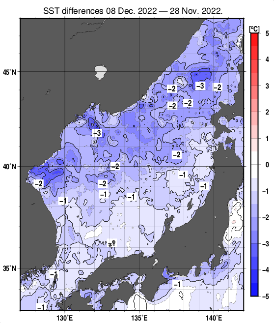 日本海の10日間の海面水温変化量分布図（12月8日）
