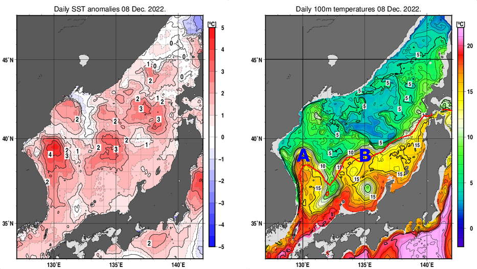 日本海の海面水温平年差分布図および深さ100mの水温分布図（12月8日）