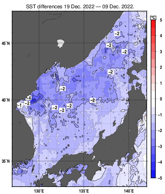 日本海の10日間の海面水温変化量分布図（12月19日）