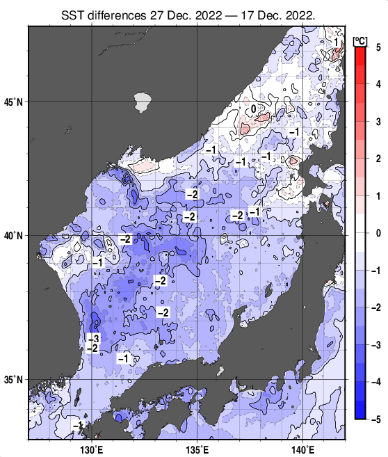 日本海の10日間の海面水温変化量分布図（12月27日）