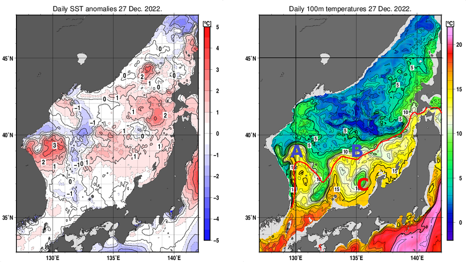 日本海の海面水温平年差分布図および深さ100mの水温分布図（12月27日）