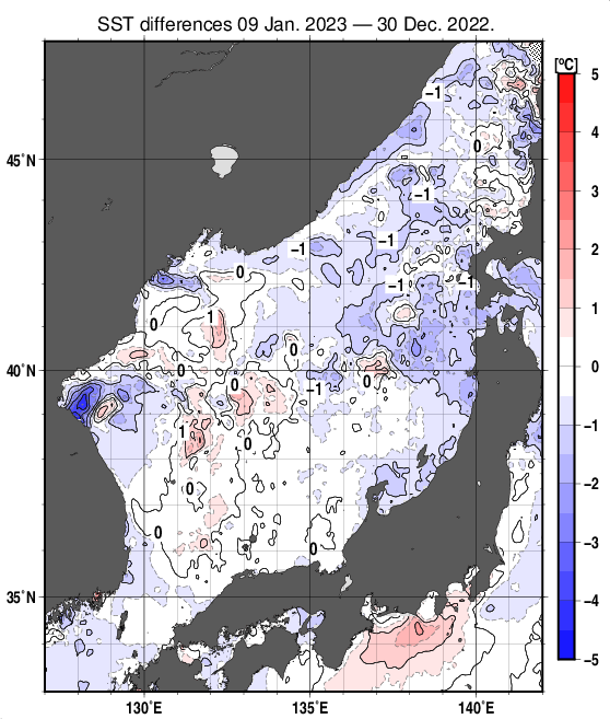 日本海の10日間の海面水温変化量分布図（1月9日）